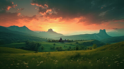 Fototapeta premium Sunset in the mountains with a church and flowers. Generative AI