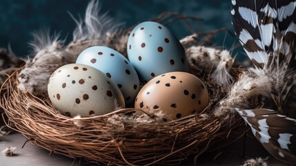 Obraz premium Easter eggs in a nest with feathers. Generative AI