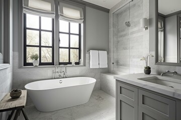 Fototapeta na wymiar White and gray bathroom with tub and sink. Generative AI