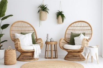 cozy living room decorated with wicker furniture and plants. Generative AI