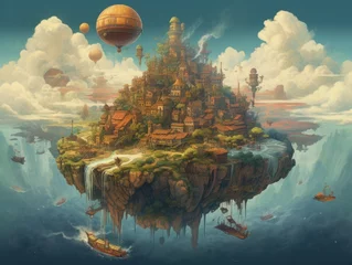 Poster Fantasy Steampunk landscape of flying city generative ai © Wiktoria
