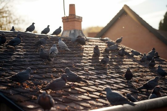 Solar panels on the roof of a house covered with pigeon droppings and roosting pigeons. Generative AI