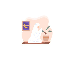 a Muslim woman who is sitting and praying. pray after worship. wearing women's prayer gown. character illustration concept design. vector elements