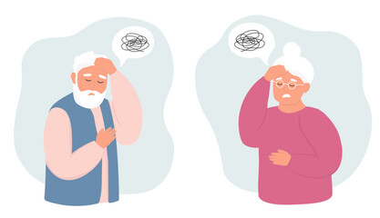 An elderly man and women suffers from migraine, confusion, memory loss, dementia. Mental age-related diseases. Vector flat graphics. - obrazy, fototapety, plakaty