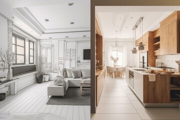 Fototapeta na wymiar Home renovation concept. Before and after interior in modern style. Generative AI