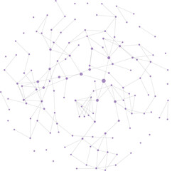 Abstract polygonal communication network, technology wireframe, connected grey lines and purple dots, globe model background 