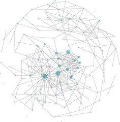 Abstract polygonal communication network, technology wireframe, connected grey lines and green dots, globe model background 