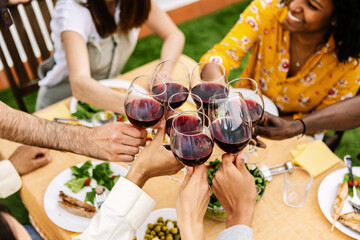 Young people celebrating together drinking red wine glasses on patio garden at summer party. Diverse friends having fun cheering glasses during dinner party. Friendship and celebration concept