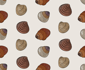 Seamless pattern of sea shells on a beige background.