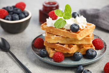 Waffles with berries and whipped cream in a plate on a gray table