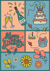 Nostalgic Happy birthday graphic vector concept. Hand drawn elements for birthday party in flat retro style. Ideal for social media, graphic poster, postcard, background, print, fabric pattern, cover
