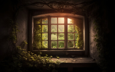 Fototapeta na wymiar open window, beautiful landscape outside, beautiful nature, generative ai