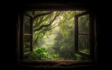 open window, beautiful landscape outside, beautiful nature, generative ai