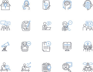 Analyzing and explanations line icons collection. Interpretation, Clarification, Illustration, Rationalization, Demonstration, Elucidation, Justification vector and linear illustration. Validation