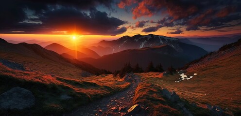 Fototapeta na wymiar A stunning sunset above the Rodna Alps in the Carpathian Mountains. Generative AI