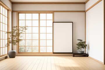 Fototapeta na wymiar Rectangular vertical frame mockup in Japanese room style interior. Generative AI.