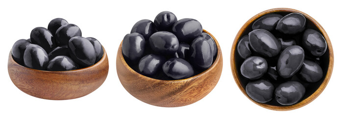 Collection of wooden bowls with black olives, cut out