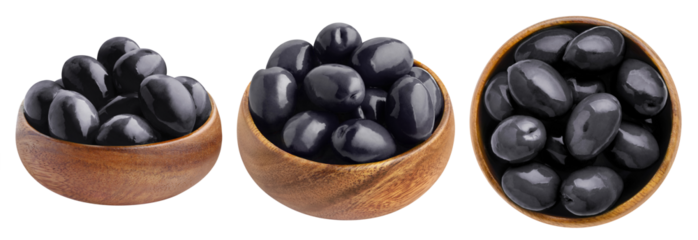 Collection of wooden bowls with black olives, cut out
