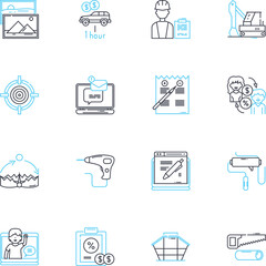 Digital workforce linear icons set. Automation, Robotics, Virtuality, Collaboration, Efficiency, Productivity, Innovation line vector and concept signs. Integration,Adaptability,Interconnectivity