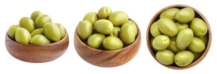 Collection of wooden bowls with green olives, cut out