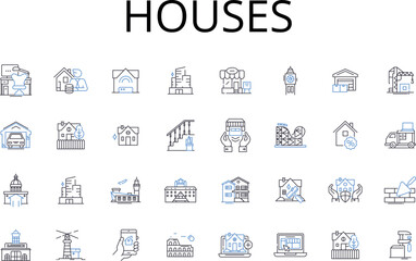 Houses line icons collection. Residences, Dwellings, Abodes, Homesteads, Shelters, Lodgings, Quarters vector and linear illustration. Roofs,Habitats,Tenements outline signs set