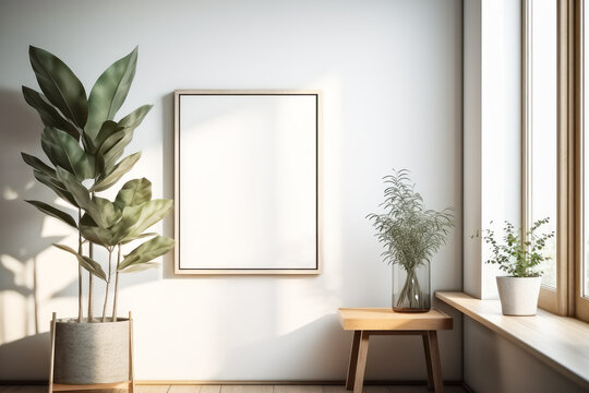 White empty frame mockup with green plants on empty white neutral wall background. Generative AI.