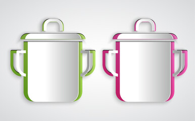 Paper cut Cooking pot icon isolated on grey background. Boil or stew food symbol. Paper art style. Vector