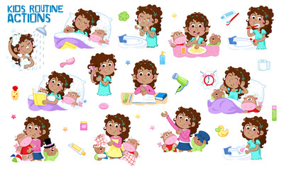 Learning concept - Daily routine of a little girl with dark hair - Set of thirteen cute educational illustrations - Isolated - White background	
 - obrazy, fototapety, plakaty