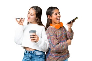 Friends girls over isolated chroma key background sending a message voice or email with the mobile