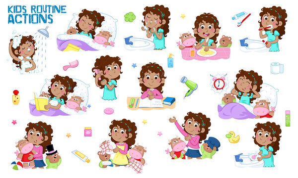 Learning concept - Daily routine of a little black girl with curly dark hair - Set of thirteen cute educational illustrations - Isolated - White background	
