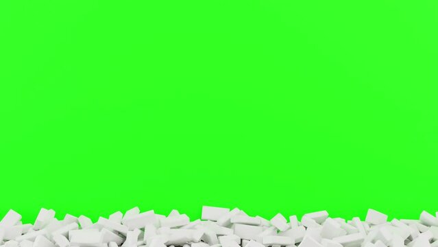 3d simulation animation of white rockfall falling with green screen opening