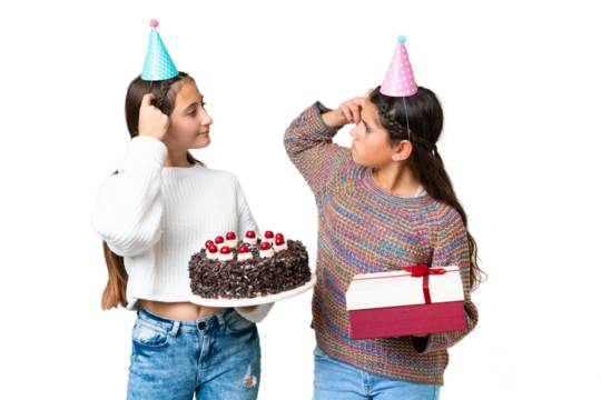 Friends girls holding gift and a birthday cake over isolated chroma key background having doubts while scratching head