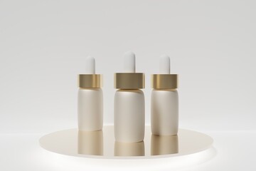 3d render of glossy beige face serum bottles on a white background with podium