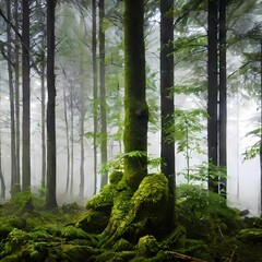 Laubwald im morgendlichen Nebel mit verschiedenen Bäumen und Felsen die Moos bewachsen sind (Generatie KI-Tool) 
