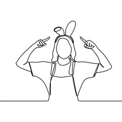 continuous line drawing of young smiling happy cheerful woman wearing clothes bunny 
