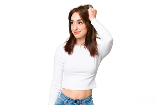 Young caucasian woman over isolated chroma key background having doubts while scratching head