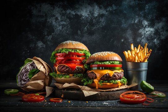 Fries, tomatoes, and a variety of sauces accompany burgers. against a dark, weathered wooden backdrop Generative AI