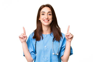 Young nurse woman over isolated chroma key background pointing up a great idea