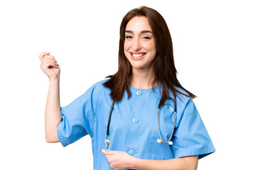 Young nurse woman over isolated chroma key background making guitar gesture