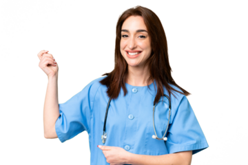 Young nurse woman over isolated chroma key background making guitar gesture