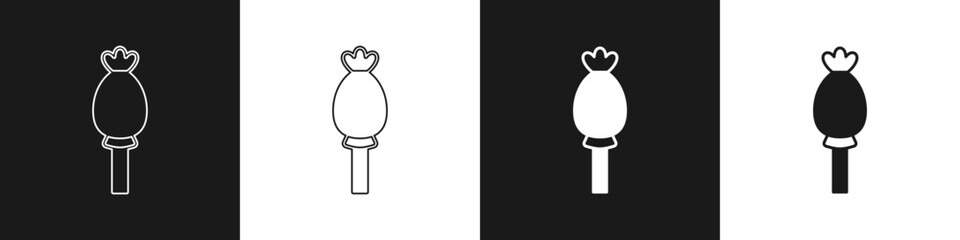 Set Opium poppy icon isolated on black and white background. Poppy Papaver somniferum flower seed head. Vector