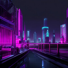 Fototapeta premium Cyber Neon City River at Night