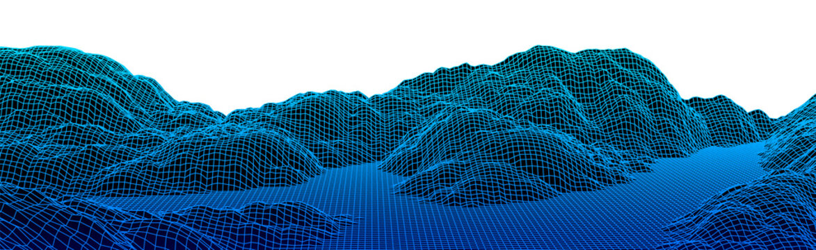 Neon grid landscape with old 80s arcade game style for New Retro Wave party banner or 80s revival music album cover