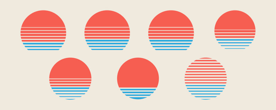 Sunset collection. Set of retro graphics with sun dipped in sea. 80s collection of vector sunsets. Elements for 80's and 90's posters, illustrations and web designs. 