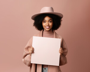 Young beautiful afro american woman holding blank sign , Generative AI illustration