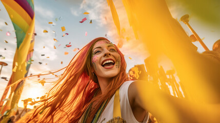 Beautiful young woman having fun at music festival, Generative Ai illustration