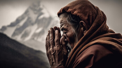 Portrait of Buddhist monk praying outdoors in front of mountain. Generative AI illustration