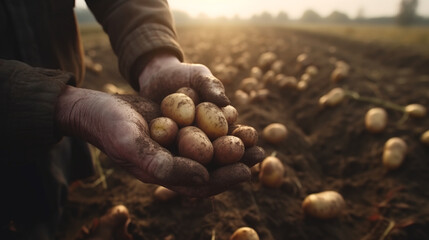 Farmer hands picking up potatoes. Generative AI illustration