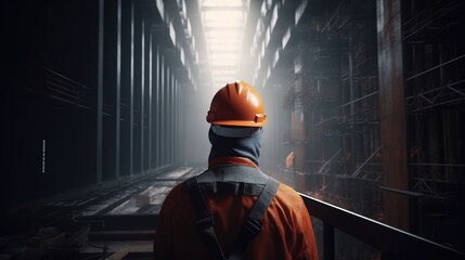 Naklejka na ściany i meble Rear view of construction worker on site, Generative AI illustration