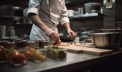 Cook cutting vegetables in kitchen , Generative AI illustration
